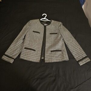 Kasper Blazer Womens 8 Silk Black Check Tweed Open Front Trim Lined Career